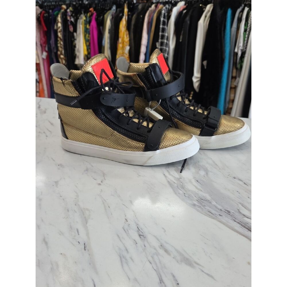 Giuseppe Zanotti Metallic Gold and Black High-Top Sneakers with Red Accent